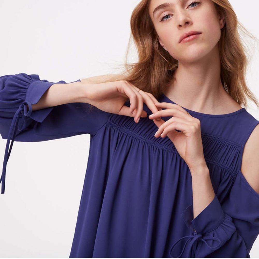 LOFT Shirred Cold Shoulder Blouse Tie Sleeves